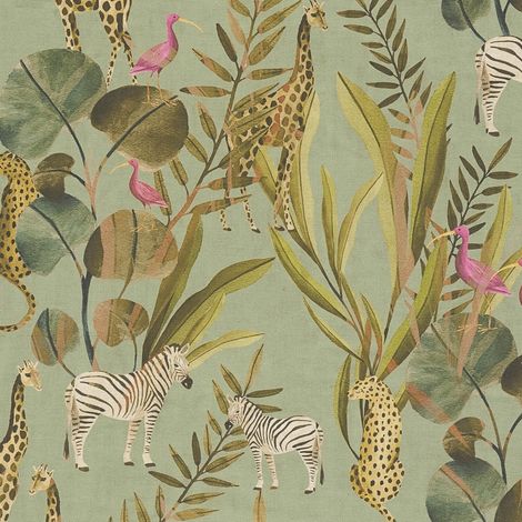 Empapelado con dibujo animales Profhome 782181 papel pintado vinílico estampado en caliente tejido non tejido liso de diseño exótico mate verde fucsia pardo beige blanco crema 5,33 m2