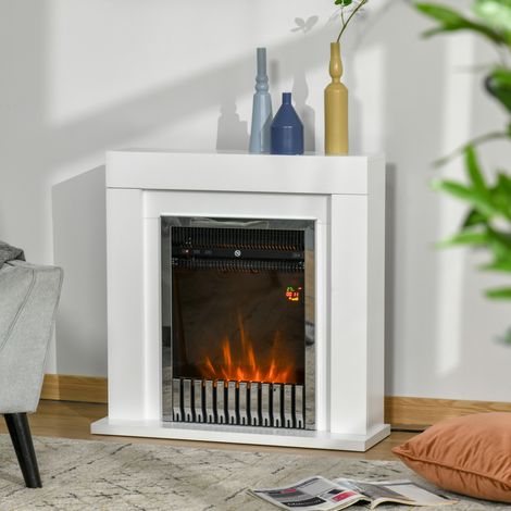 Caminetto elettrico HOMCOM 1000/2000W, caminetto decorativo con cornice effetto fiamma, termostato, telecomando, timer e protezione contro il surriscaldamento per ambienti da 20 a 25 m², colore bianco (1/5)