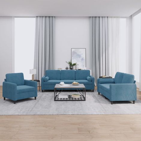 3-tlg. Sofagarnitur mit Kissen Blau Samt vidaXL