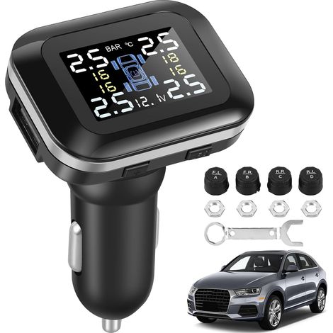 Sistema de monitoreo de presión de neumáticos TPMS, carga USB, visualización de hora y temperatura, carga solar y función de carga USB. (1/5)