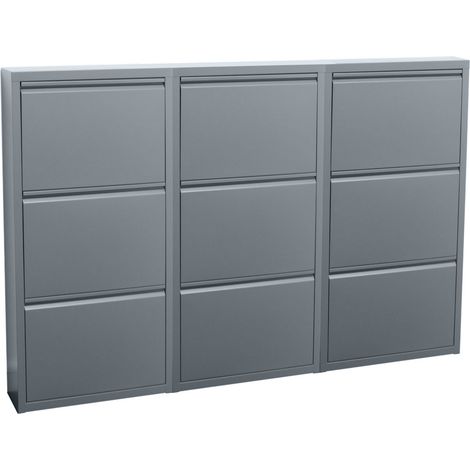 Pisa Schuhschrank mit 9 Klappen/Türen in Metall grau. Fertig montiert geliefert.
