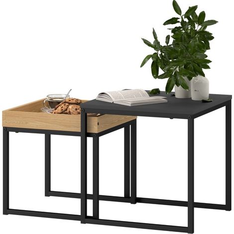 Mesa de centro moderna de 2 piezas, cuadrada, MDF y acero, negra (1/5)