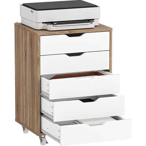 Rollbarer Büroschrank mit 5 Schubladen, Maße 47,5 x 39,5 x 67,5 cm, weiß-eichenfarbene Ausführung, praktischer Stauraum für den Arbeitsplatz