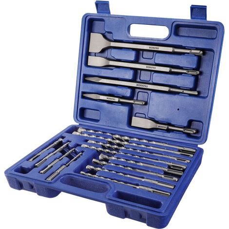 – Jeu de forets et burins SDS Plus 17 pièces – Forets béton 110/160/210/260 mm – Burins pointus et plats 140/250 mm – Coffret de rangement (1/5)