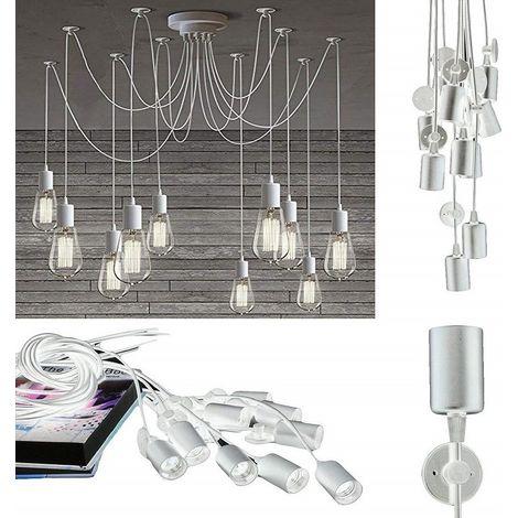 Lustre 12 Pendentifs Lampe Araignée Plafond Blanc Suspension Ajustable Douille E27