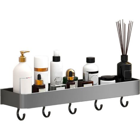 Wandregal aus Aluminium fürs Badezimmer, 30 cm, grau, schwebendes Duschregal mit Haken, Hängeregal