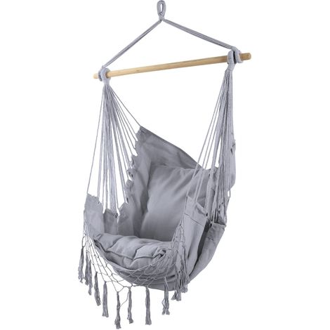 Mobili Rebecca – Fauteuil suspendu hamac gris 140x100cm – Coussins polyester 50x50cm – Charge maximale 100kg – Installation flexible en intérieur/extérieur (1/5)