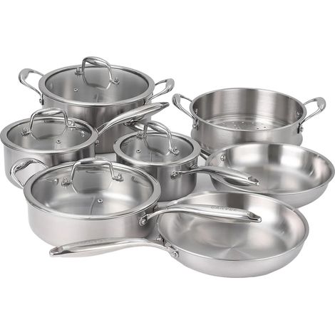 Set di pentole in acciaio inox a tre strati, compatibile con diversi piani cottura, colore argento. (1/2)