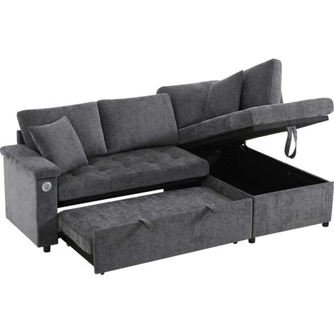 Sofá cama esquinero derecho en L de chenilla gris oscuro con almacenaje, USB y 2 cojines (1/5)