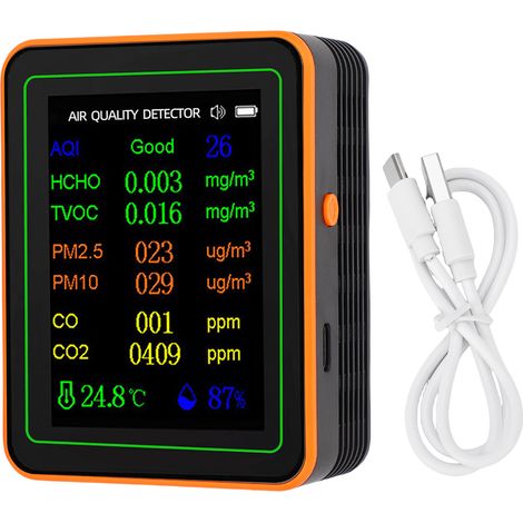 Eosnow Luftqualitätsdetektor, Index, CO2, TVOC, HCHO, PM2,5, PM10, Temperatur- und Luftfeuchtigkeitstester, TFT-Farbdisplay, Kurvenanzeige, Schwarz, Orange
