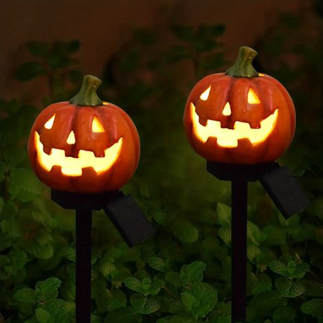 Sollbry 2pcs LED tête de citrouille solaire lumière au sol,lampe de décoration d'atmosphère extérieure d'Halloween,lumières paysage la cour la tête citrouille (1/5)