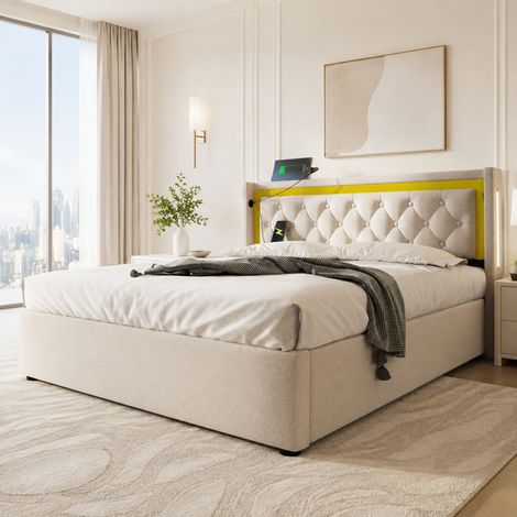 Letto contenitore matrimoniale 140x200 cm con LED, USB e Type-C, in cotone beige, senza materasso (1/5)