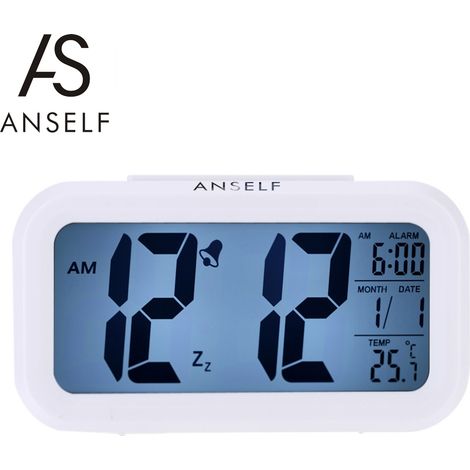 Anself LED-Digitalwecker mit Wiederholungsfunktion, Schlummerfunktion, Lichtsensor, Hintergrundbeleuchtung, Anzeige von Uhrzeit, Datum und Temperatur (weiß) (1/5)