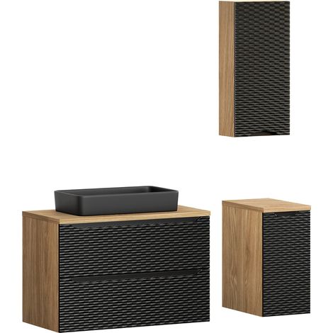 Badmöbel Set 3-teilig mit 90cm Doppelwaschtisch in Eiche mit schwarz OLUO-56-BLACK, Front mit 3D-Struktur in Wellenoptik (1/5)