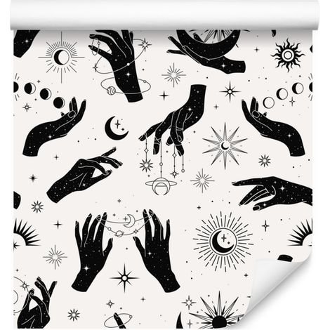 Papel pintado Manos y Astrología Blanco y Gris Claro 50x1000 cm (1/5)