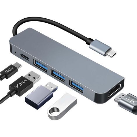 Hub USB C HDMI 4K PD 100W Charge, Multi Data Ports 5Gbps 5 en 1 Dock USB-C, Hub USBC Adaptateur Multiport Compatible pour MacBook Pro/Air,iMac,iPhone 16 15 Plus Pro Max, Samsung Galaxy (1/5)