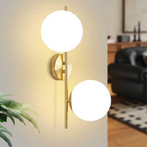 GBLY Aplique de pared de 2 luces para interior, pantalla de cristal, dorado, iluminación moderna, lámpara de pasillo y escalera, iluminación de pared vintage, E27 (sin bombilla)