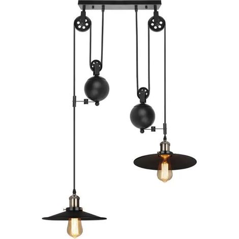Lustre Industriel 2 Luminaires avec Fil 2,0M DIY Lampe Suspension avec Poulie en Métal E27 en Forme Chapeau pour Chambre Salon Noir (1/4)