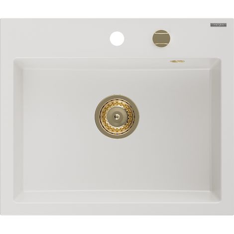 Mexen Oscar lavello in granito 1-vasca 580 x 490 mm, bianco, sifone dorato - 6519581000-20-G (1/5)