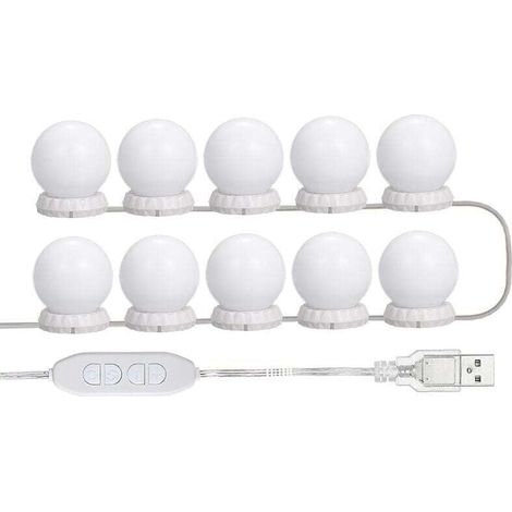 Kit D'Eclairage Miroir Led Pour Coiffeuse, Avec 10 Ampoules Reglables, 10 Luminosite Et 3 Modes D'Eclairage, Type Usb, Blanc - Blanc, (1/5)