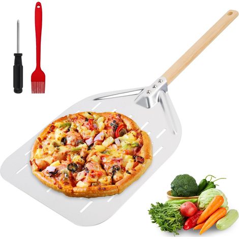 1 Pelle à Pizza, Aluminium Perforé 40x30cm, Manche Bois Amovible 38cm, Accessoire Cuisson Four, Pour Pain Pâtisserie