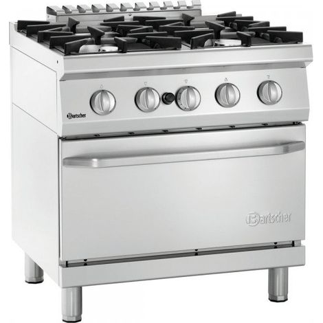 Fourneau inox à gaz 4 feux, sur four gaz 3 x GN 2/1, 36 900 W, 400 V, GAZ (1/5)