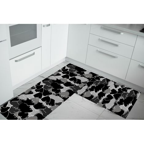 Set di 2 tappeti da cucina antiscivolo e lavabili in lavatrice passatoia multiuso Face Nero - 50x90+50x180