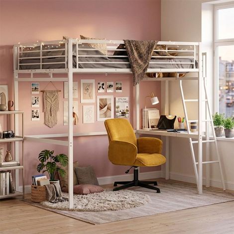 Meuble Cosy Lit Mezzanine 2 Places avec Fauteuil Réglable et Bureau en Verre Trempé, Gain de Place pour Chambre Étudiant Adolescent Adulte, Cadre Métallique, Blanc + Jaune (1/5)