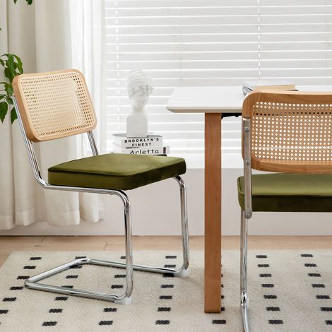 Lot de 2 Chaises de Salle à Manger, Fauteuils en Velours et Rotin avec Pieds Chromés, Design Moderne Mid-Century, Chaises Accent Capitonnées pour Cuisine, Salon et Bureau (1/5)