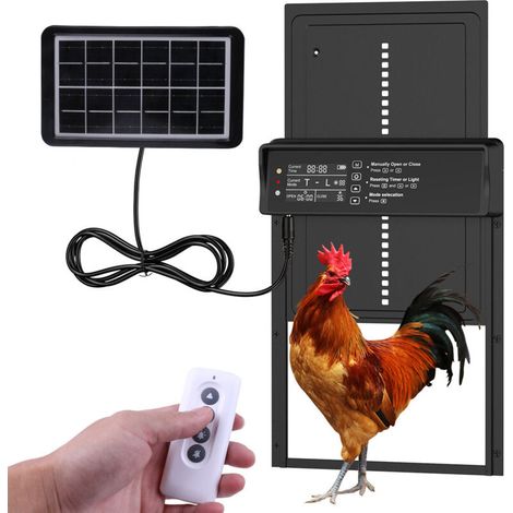 Porte automatique solaire pour poulailler avec capteur de lumière et télécommande – LED, minuterie intégrée (1/4)