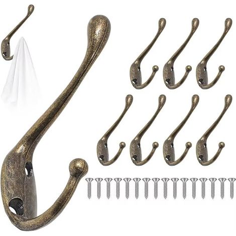 8pcs Crochet de Manteau Murale Vintage Bronze, Crochets de Mural Rétro Double Métal, Crochets Muraux Patère avec Vis, Crochet Métal de Porte Chapeau pour Mural Salle de Bain Cuisine (1/5)