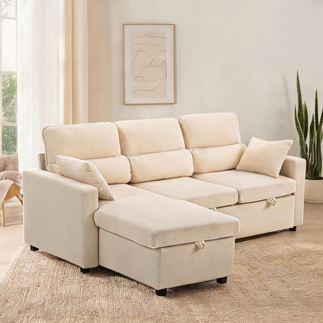 Canapé convertible beige en polyester acier 205 x 135 x 76 cm (1/5)