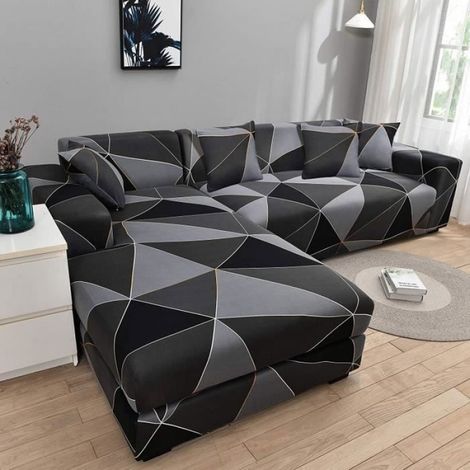 2 Housses de Canapé d'Angle Extensibles, Tissu Naturel Noir, Pour Salon 3 et 2 Places (1/4)