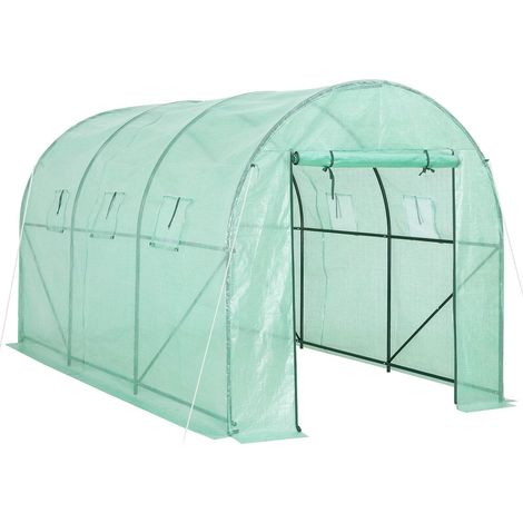 Serre tunnel de jardin verte 350x200x200 cm surface 7 m², cadre acier allié, bâche plastique 140 g/m², 6 fenêtres + porte enroulable pour plantes légumes tomates (1/5)