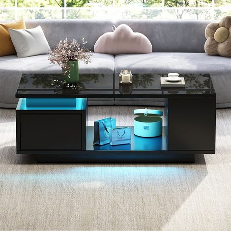 Table basse 100x50x36 cm avec tiroir, LED contrôlée par appli, finition laquée brillante, 4 niches latérales, noir