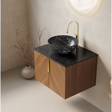 Meuble vasque suspendu 61 cm moderne, décor chêne espresso, 2 portes soft-close, plan en pierre frittée noire et vasque céramique noire (1/5)