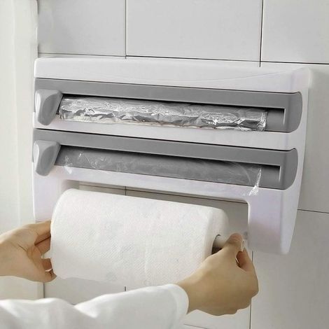Wandmontierter Spender für Frischhaltefolie, Wandmontierter Papierhandtuchspender, Küchenrollenhalter mit Schneidefunktion, Grau (1/4)