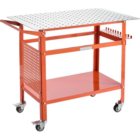 Table de soudage 40x24 cm, établi mobile en acier, capacité 360 kg, 4 roues dont 2 freinées, plateau double avec trous de fixation 16 mm. (1/5)