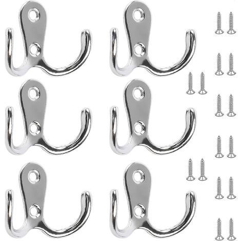 Lot de 6 patères doubles chromées pour porte, avec 16 vis incluses, pour suspendre chapeaux, cravates et vêtements. (1/5)