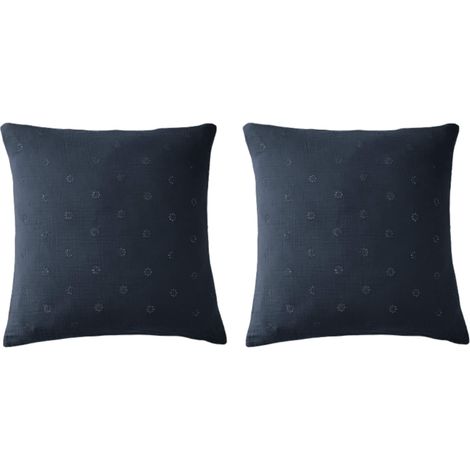 Lot de 2 taies d'oreillers brodées double gaze de coton marine 60x60 (1/2)