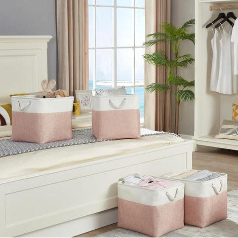 Paniers de rangement pliables en tissu pour organiser les vêtements, étagère dans la chambre d'enfant, armoire (rose/blanc, 282828cm)