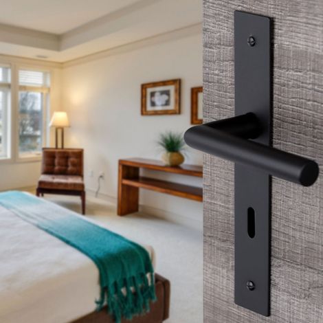 Ouvre&Déco – Poignée de porte BRUNELLA – 2 poignées d'entrée de clé – Inox noir – Entraxe 195 mm – Plaque métal 40x236 mm
