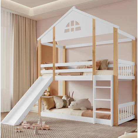 Litera 90x200 cm blanca y natural de madera y MDF con rampa y escalera (1/5)
