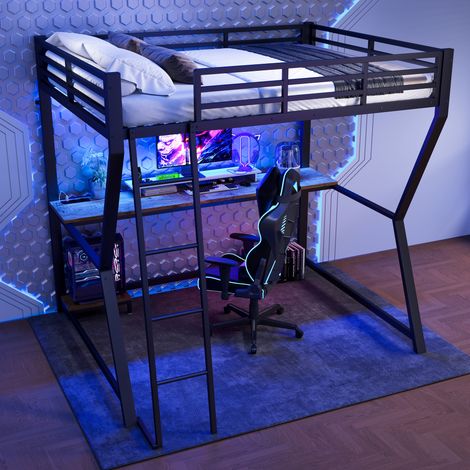 DESVIAE Lit mezzanine 140 x 200 cm en metal et mdf avec eclairage led sous le lit bureau integre prise usb et secteur rangement ordinateur garde corps et escalier noir (1/5)
