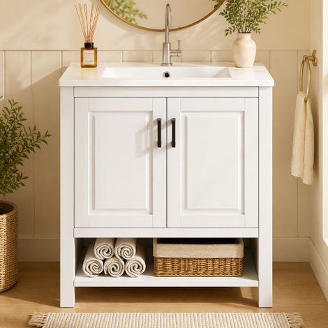 Buffet de bain blanc au sol 76,5x47x83cm, double porte, finition laquée, étagères ouvertes et vasque céramique intégrée (1/5)