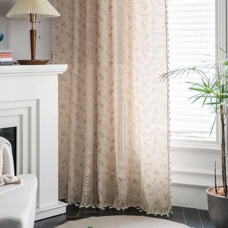 Rideaux à motifs floraux, longueur 150220cm, lot de 2 panneaux, rideaux semi-transparents pour le salon, mélange coton-lin, rideaux bohèmes à pompons, rideaux beiges avec passe-tringle. (1/4)