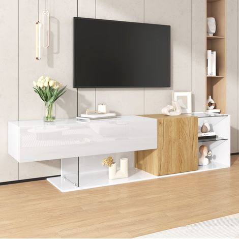 Mueble TV moderno (180x38x48 cm), con almacenaje, estantes de vidrio, acabado blanco brillante y efecto madera, aglomerado, blanco y natural (1/5)
