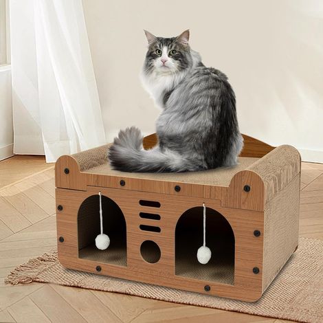 Kratzbrett für Katzen, 2 Schicht Kratzpappe Katzenhaus mit Höhle und Spielball, Kratzpad Lounge, Katzenspielzeug Kratzmatte für Indoor Katzen, Braun, Groß (56 x 30 x 30cm) (1/5)