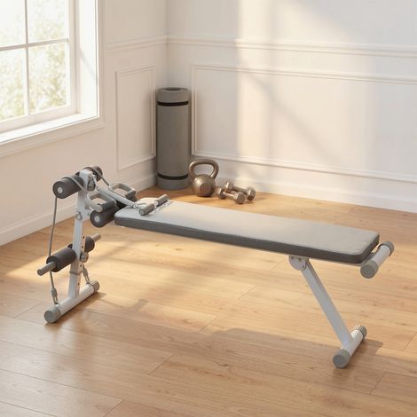Banc de Musculation Multifonction, Banc Plat Réglable avec Siège à 3 Niveaux, 141 x 52 x 54-71 cm, Bleu et Blanc (1/5)
