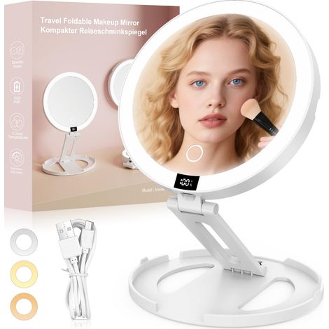 Miroir Maquillage Lumineux LED Rechargeable, 1500mAh Pliable Portable Double Face 1X/20X, 3 Couleurs Luminosité Ajustable Tactile, Idéal Voyage Chambre Salle de Bain, Blanc (1/5)